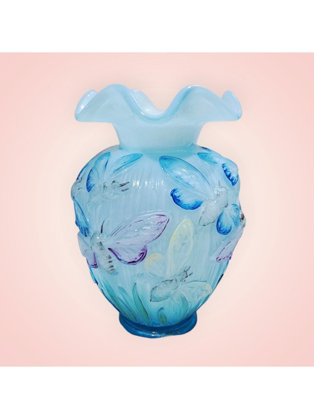 Vtg Fenton Blue Topaz 3D Raised Dragonfly Art Glass Vase Hand Painted Signed EUC